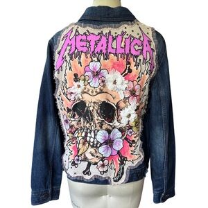 Upcycled Metallica Rockstar Blue Denim Jean Jacket with Skull Floral Design XL